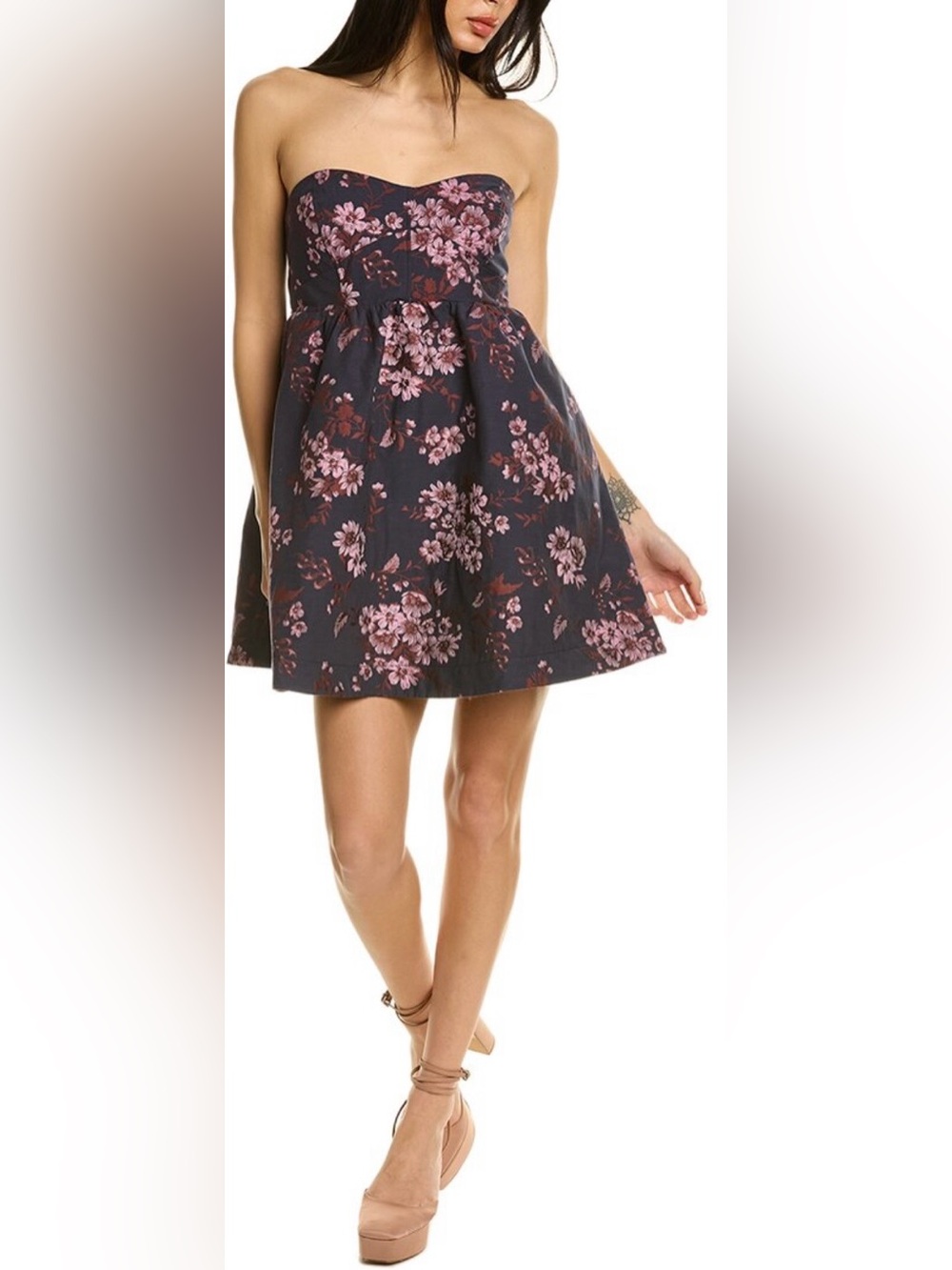 Free People Matilda Mini Strapless Floral Skater Dress in Black and Pink